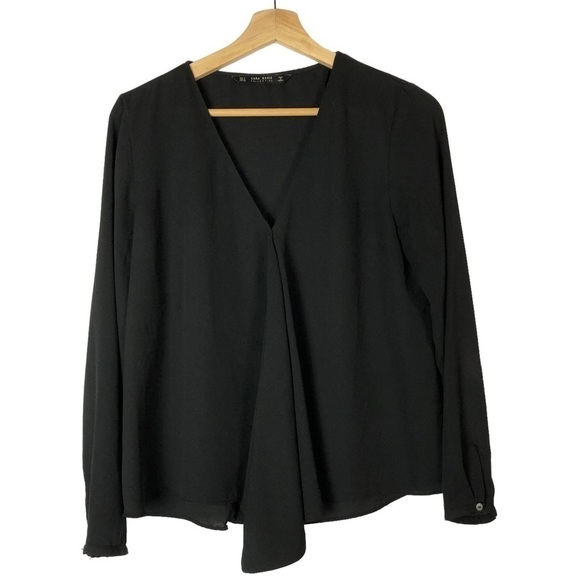 Zara Black Chiffon V-Neck Long Sleeve Blouse S - Picture 1 of 3
